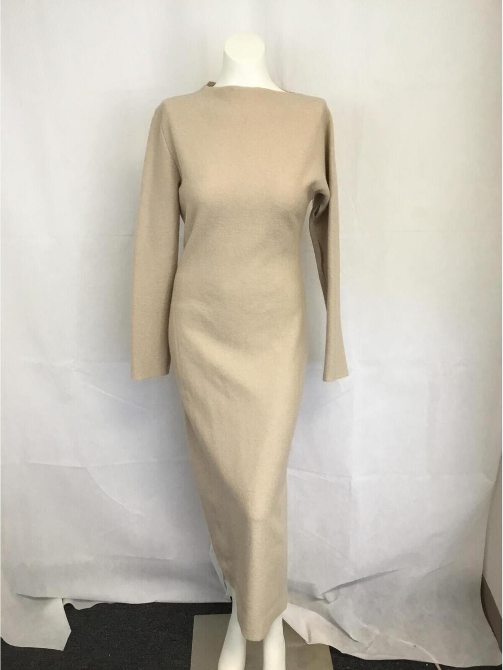 [355] Zara Dress W M Beige Knit Long Sleeve Boat Neck Sheath Maxi Fall Winter